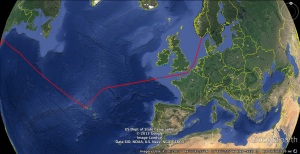 Dette er tenkt rute fra Azorene og opp gjennom Engelske kanal, i følge vind og strøm skal dette være greit å få til i juni/juli...